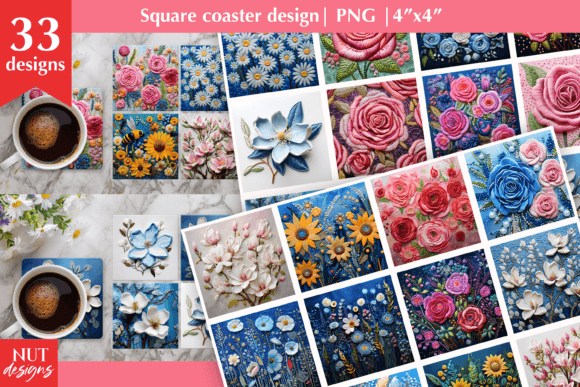 3D Flowers Square Coaster Embroidery