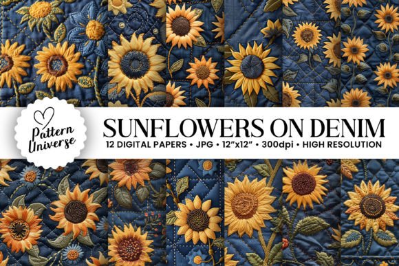 Denim Sunflower Embroidery Digital Paper