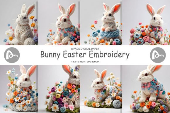 Digital Paper Bunny Easter Embroidery
